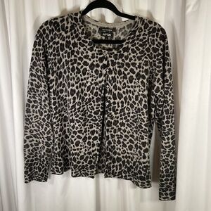 Apt 9 Cashmere Black Gray Animal Print crew Neck Cardigan L Quiet Luxury Wool
